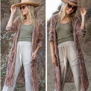 POL Long Open Cardigan Sweater Rainbow Maxi Duster w Pockets